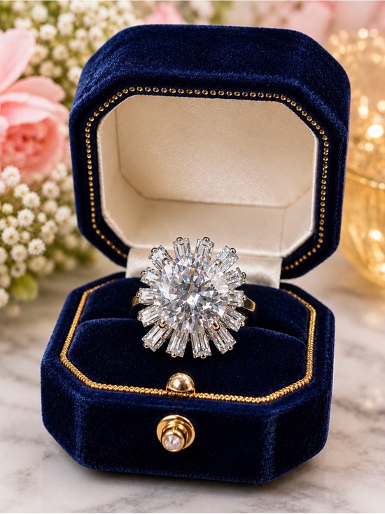 925 Sterling Silver Jewelry - Ring 925 Sterling Silver Cubic Zirconia Starburst Cocktail Sparkling